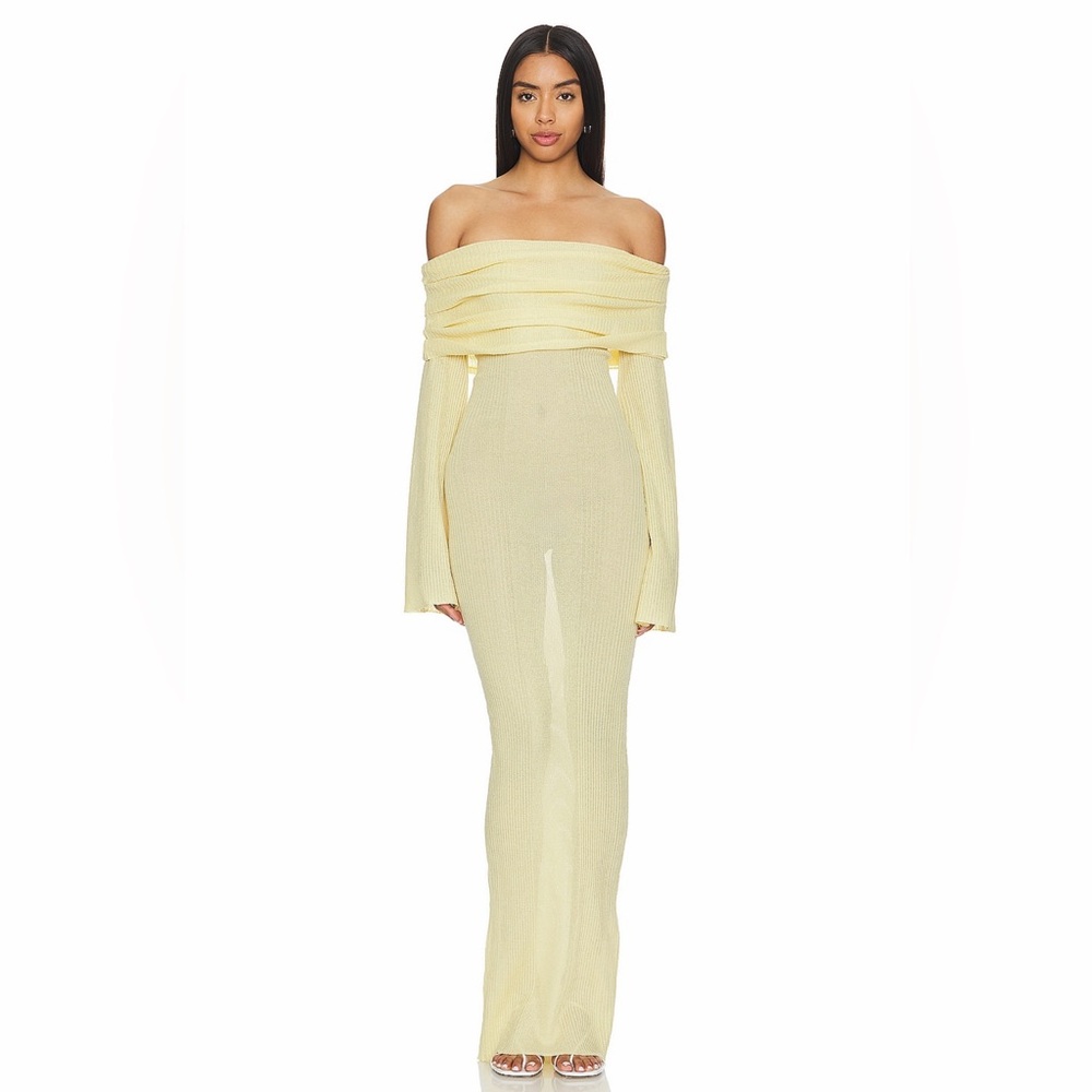 SER.O.YA Galleria Butter Yellow Long Sleeve Off Shoulder Knit Maxi Dress S NWT